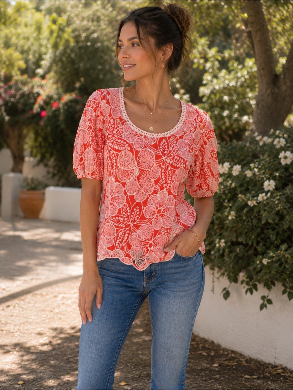 Solitaire Boho Coral Lace Floral Puff-Sleeve Blouse